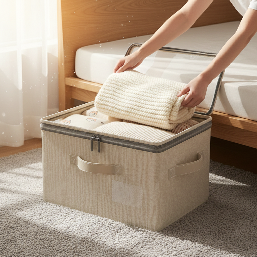 Hands placing a folded blanket into a cream linen-cotton storage box beside a bed.