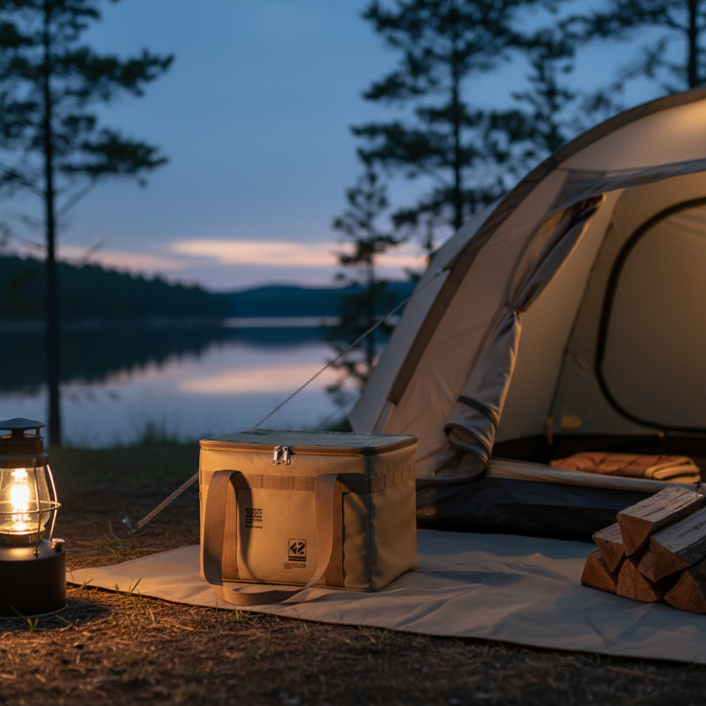 Camping bag beside a glowing lantern and tent at dusk, with a lake view in the background.