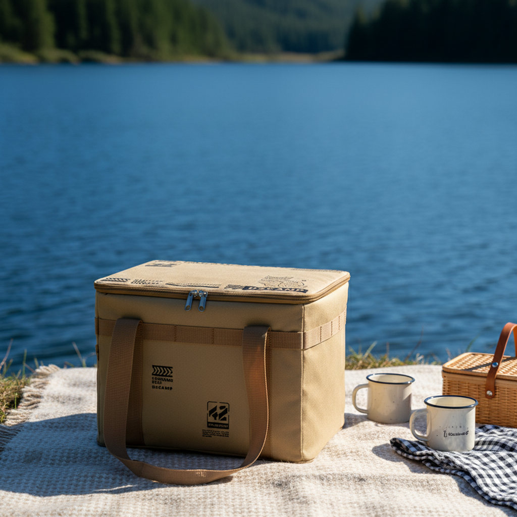 Camping bag by a mountain lake, with enamel mugs and wicker basket on a picnic blanket.