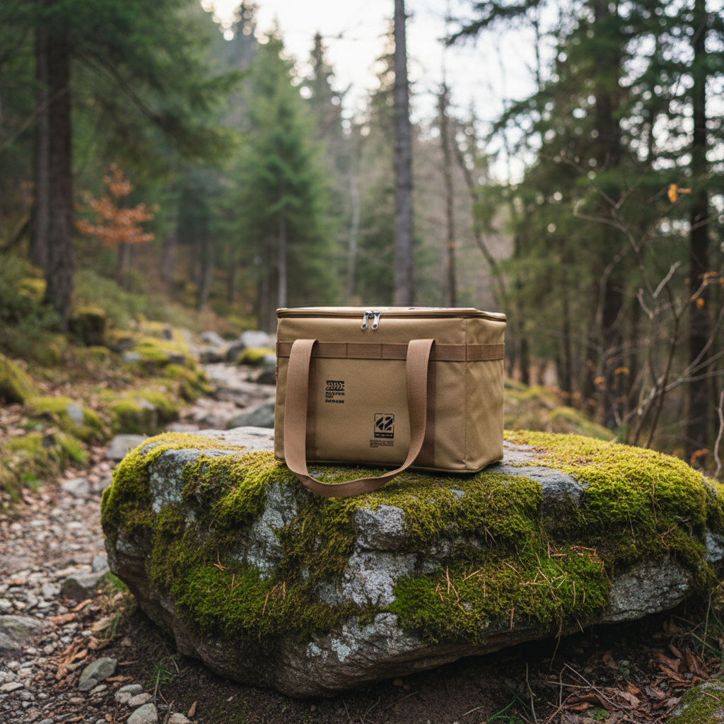 Camping bag resting on a moss-covered rock in a forest trail setting.