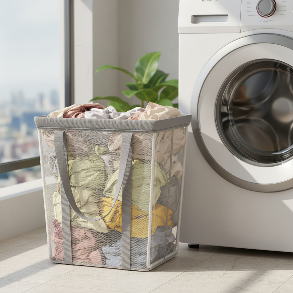 Mesh laundry hamper filled with colorful clothes next to a washing machine by a sunny window.