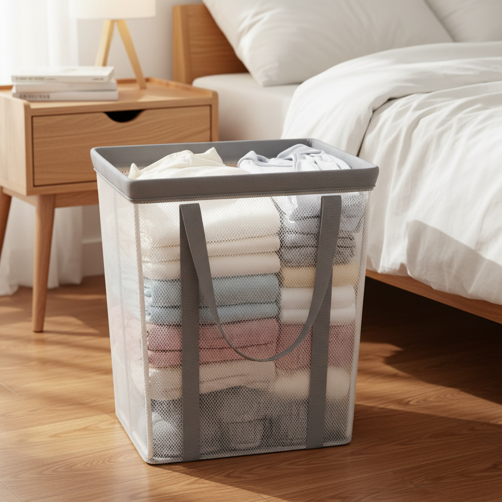Foldable mesh laundry hamper with handles, filled with folded clothes, in a bedroom setting.