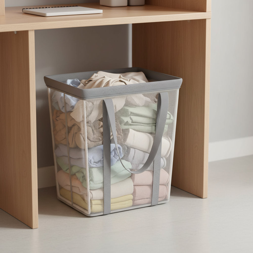 Mesh laundry hamper with gray handles stored under a wooden shelf, filled with light clothing.