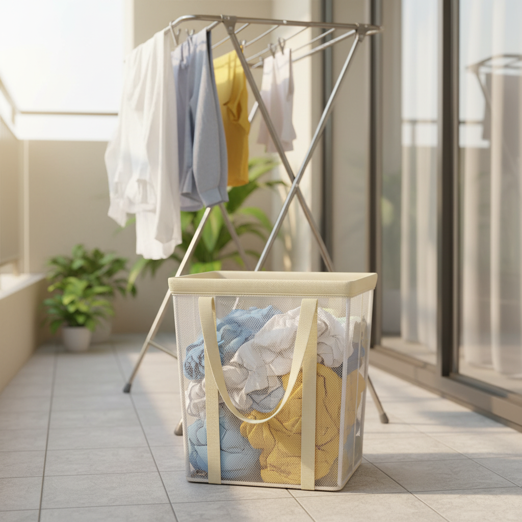 Mesh laundry hamper with clothes on a sunny balcony beside a drying rack with hanging garments.