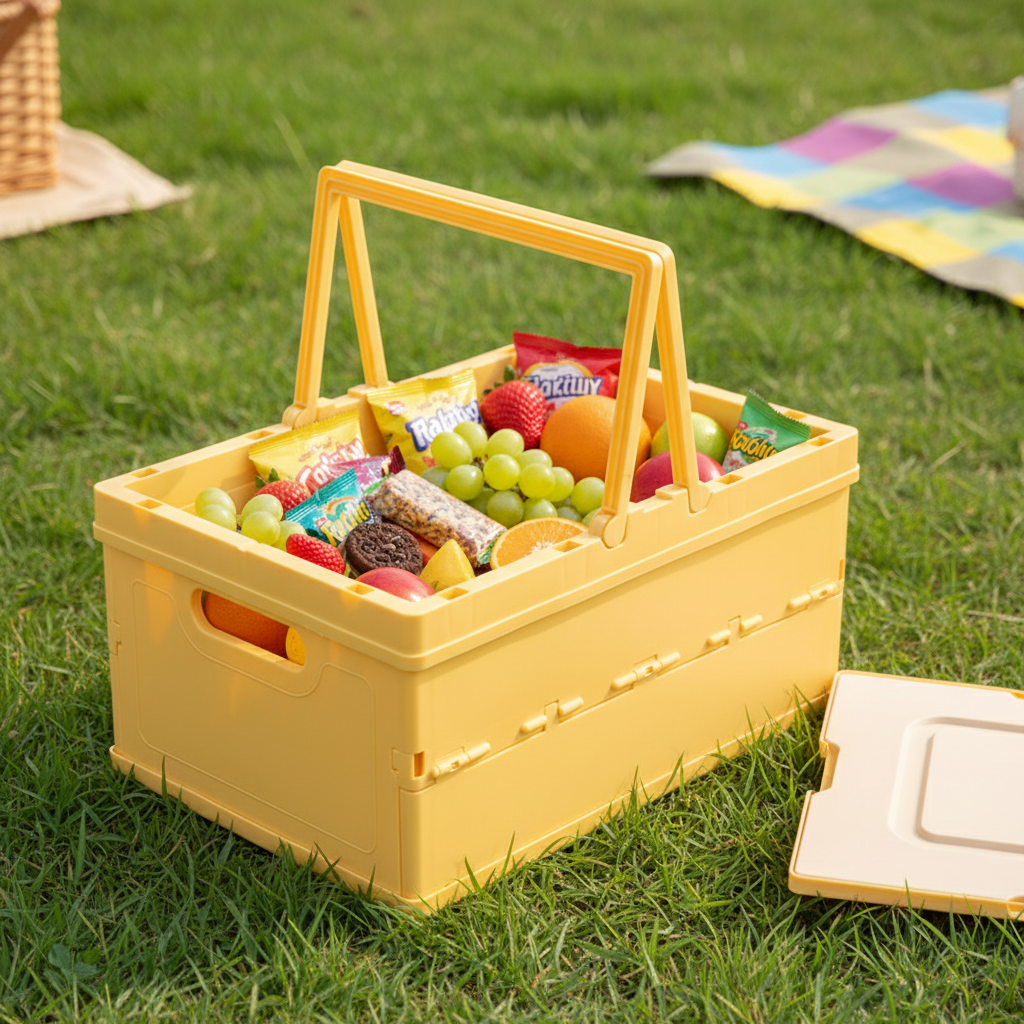 Yellow foldable storage crate with handle, filled with fresh fruits and snacks, on green grass outdoors.