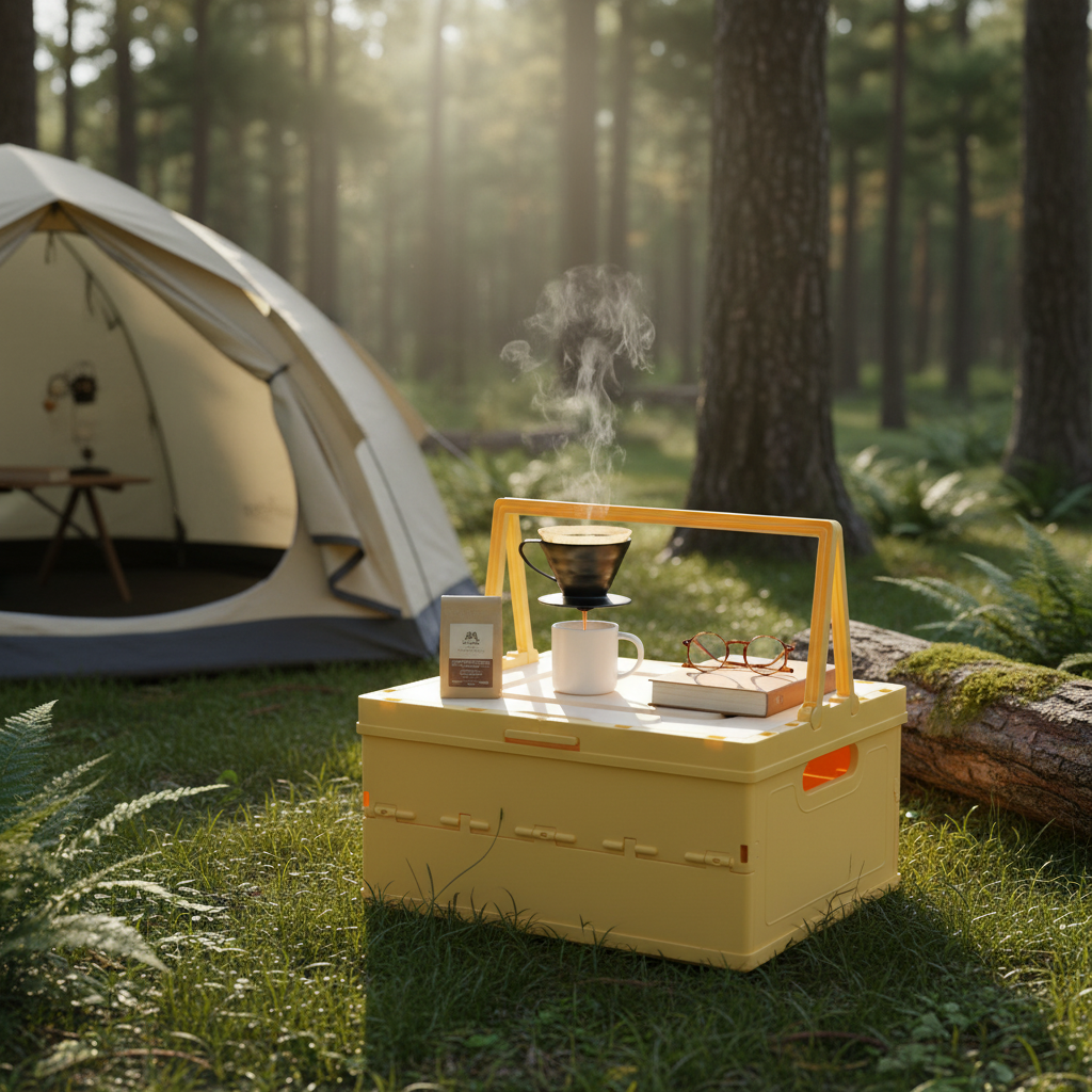 Yellow foldable storage crate used as a camp table with pour-over coffee setup in a sunlit forest.