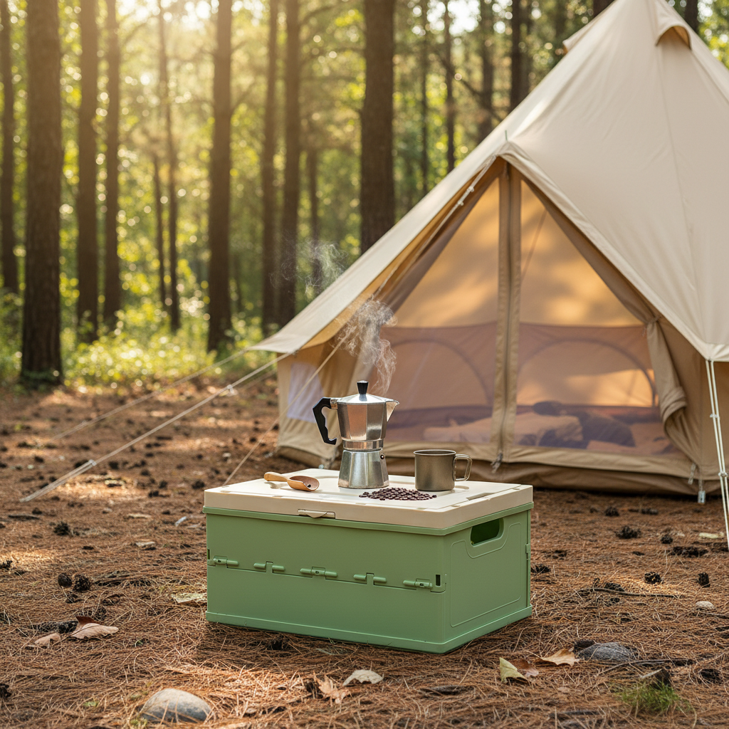 Green foldable storage crate as a camp table with moka pot and coffee cup beside a bell tent in forest.