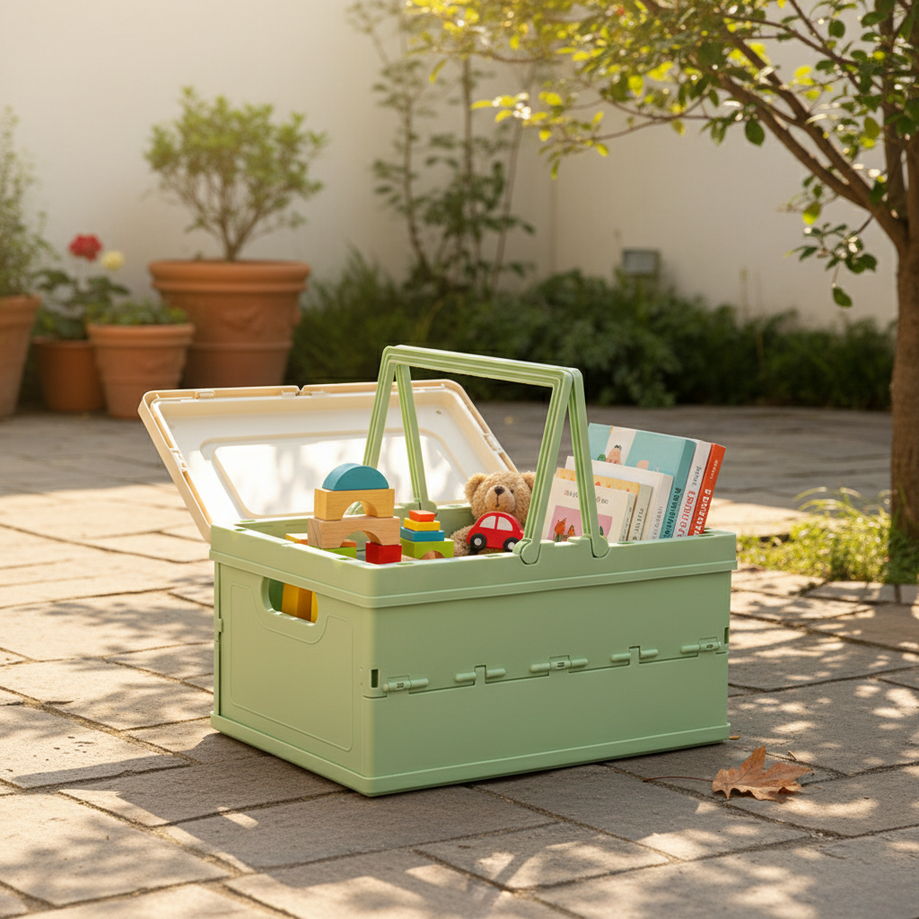 Green foldable storage crate with lid open, holding kids' toys, blocks, and books on a sunny patio.