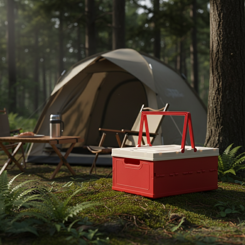 Red foldable storage crate with handle placed on forest ground near a dome tent and camping chairs.