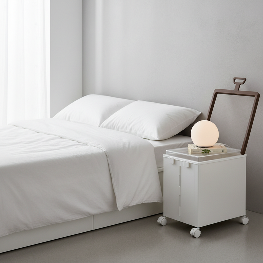White wheeled storage box used as bedside table with lamp and book in minimal bedroom.