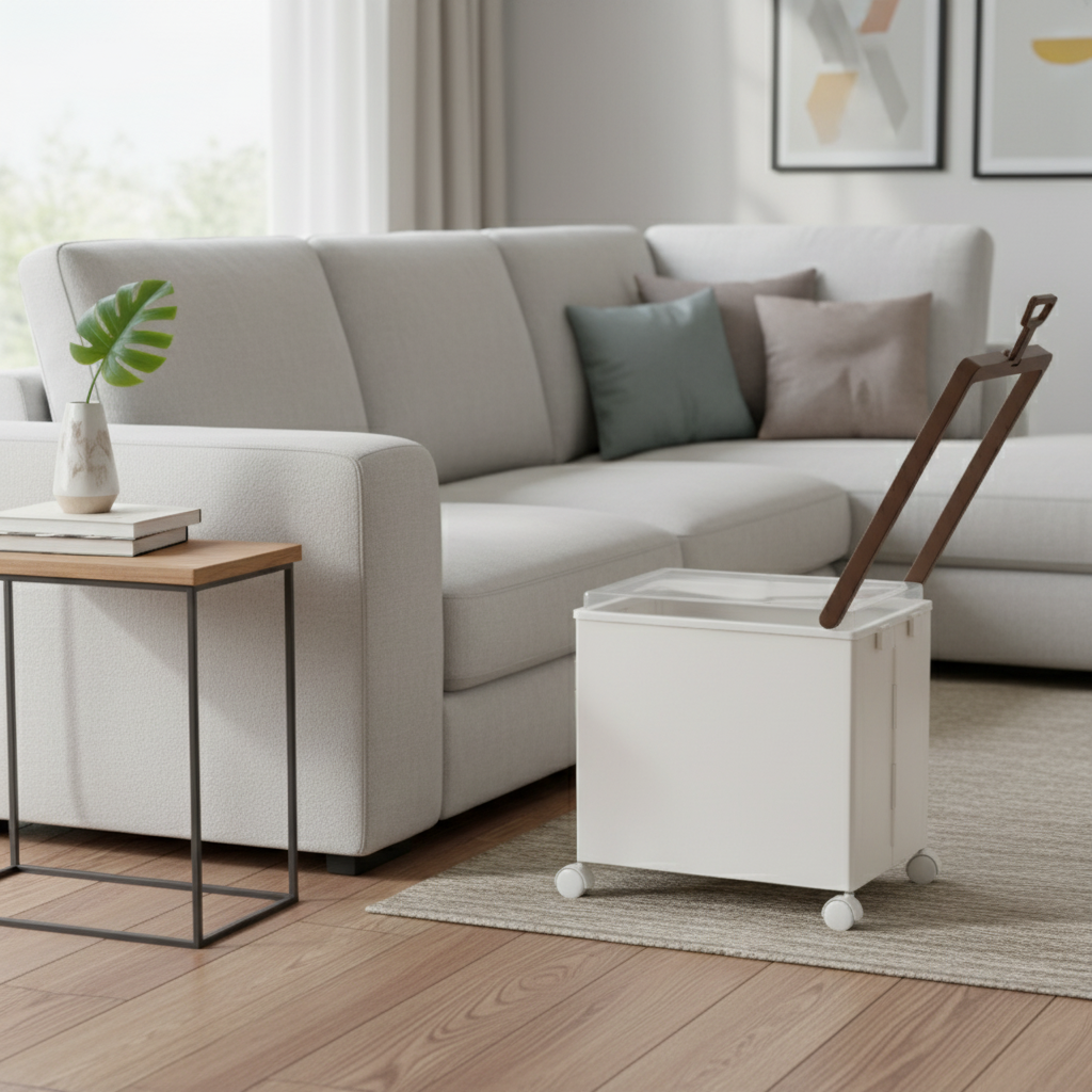 White rolling storage box with clear lid and brown handle, placed beside a modern sofa.