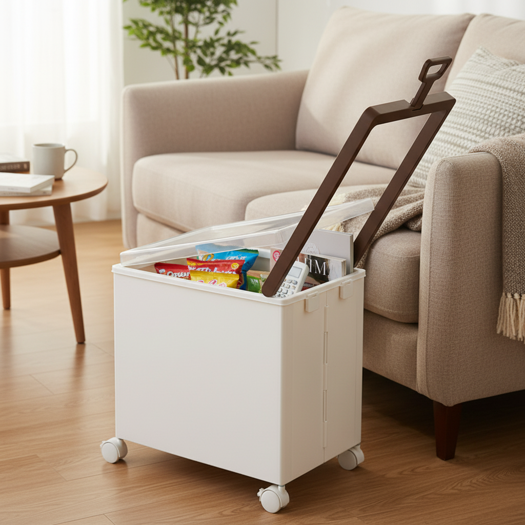White rolling storage cart with open clear lid, filled with snacks and items, beside sofa.