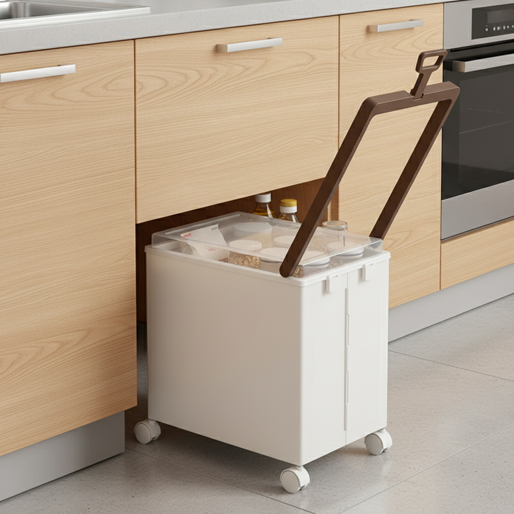 White rolling storage cart with open lid storing bottles, sliding under kitchen cabinet.
