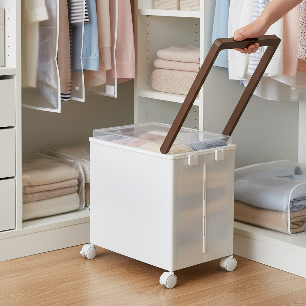 Hand pulling wheeled white storage box with clear lid in organized closet.