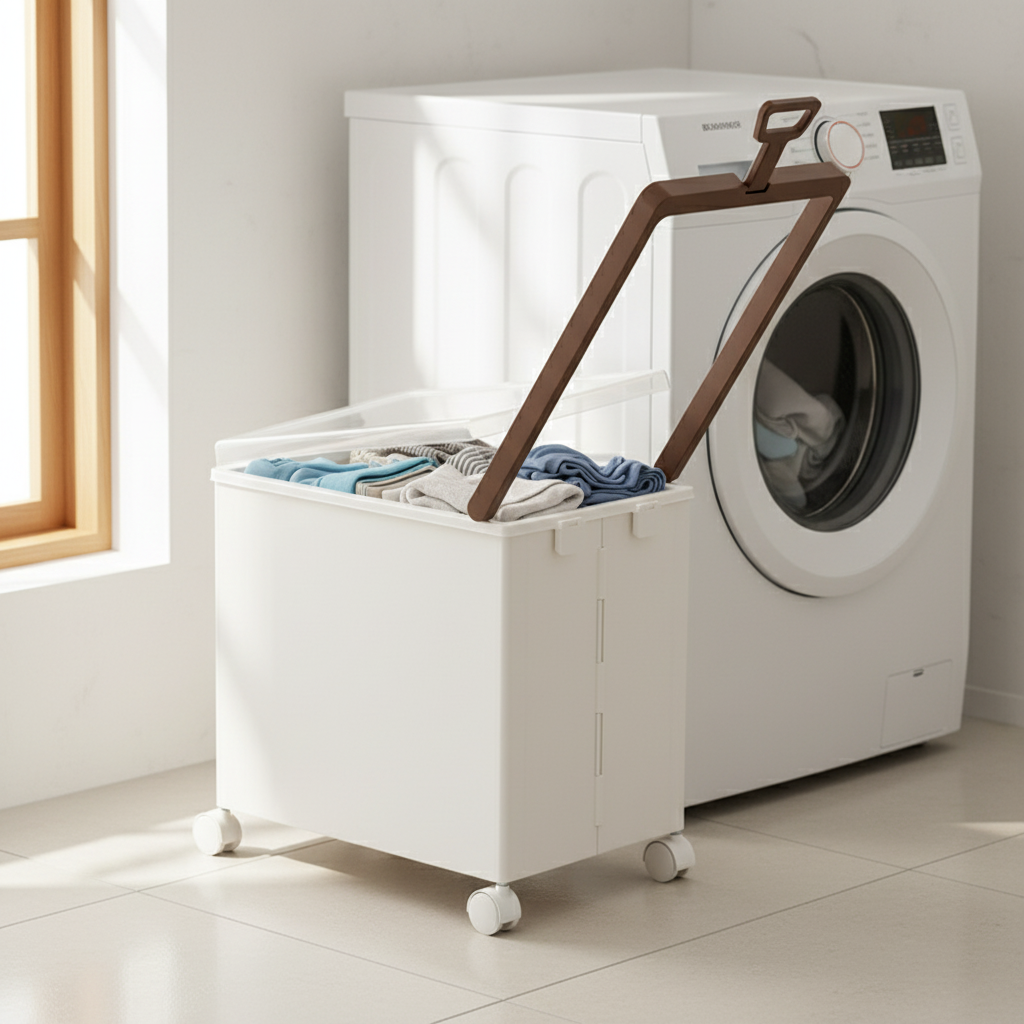 White wheeled laundry hamper with open lid, filled with clothes, next to washing machine.
