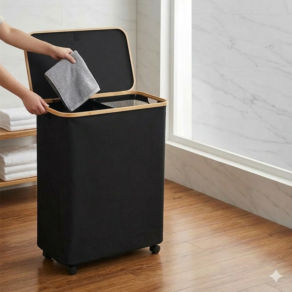 2-Section Rolling Laundry Hamper with Removable Bags, Bamboo Rim & Lid, Heavy Duty Laundry Sorter